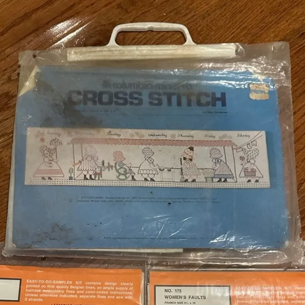 3 Vintage Cross stitch kits Family Tree, Women's faults and Sunbonnet girls